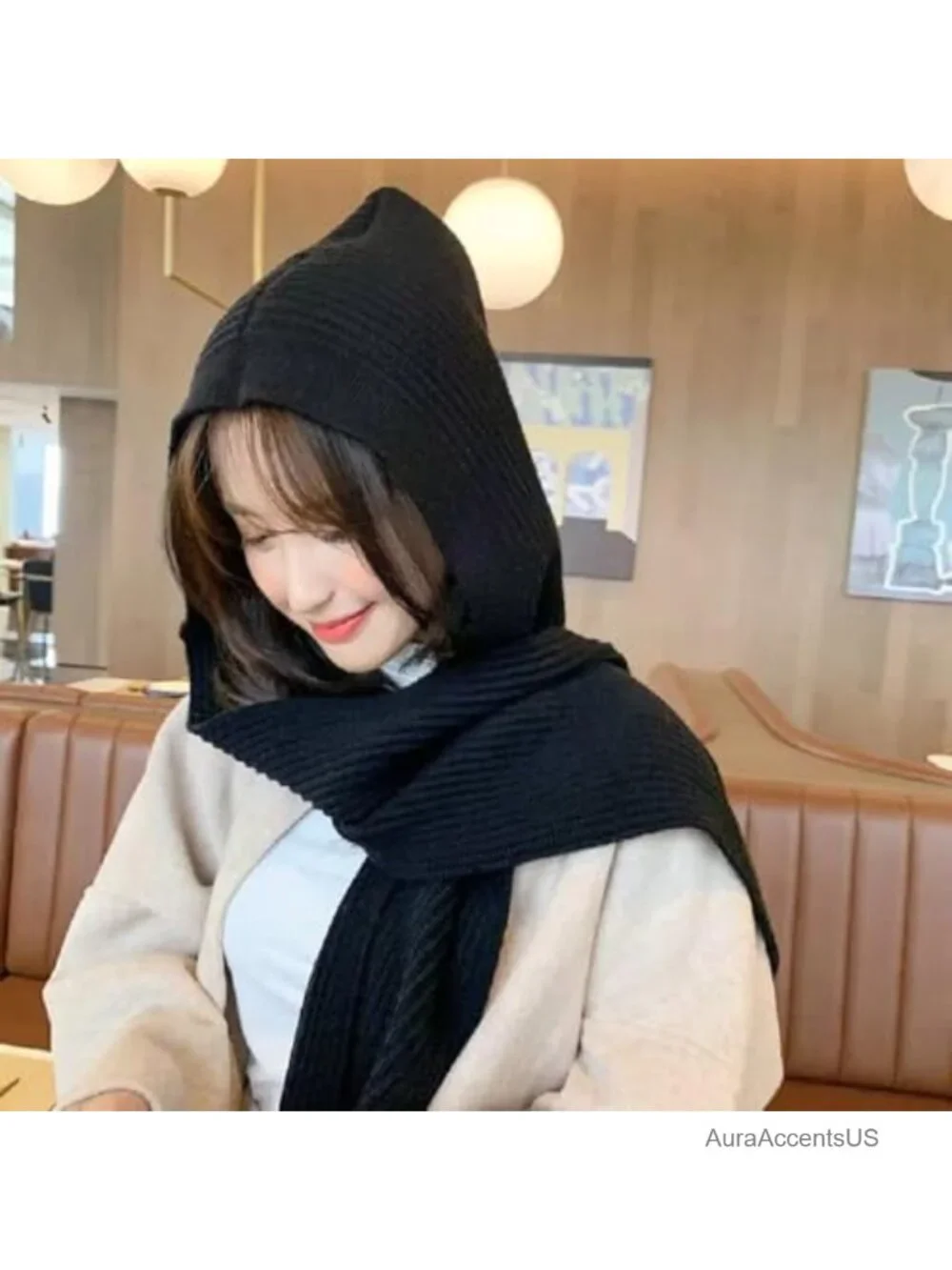 Women Winter Hooded Hat with Attached Scarf Knit Shawl Neck Warmer Acrylic